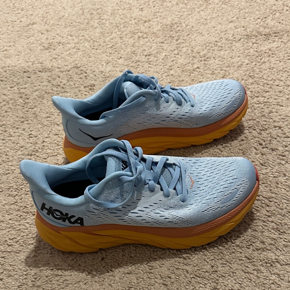 Hoka Sky Blue and Mustard Athletic Shoes